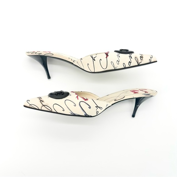NEW Chanel 2006 Cruise Script Print CC Logo Pointed Toe Kitten Heel Mules 40 - Picture 7 of 10
